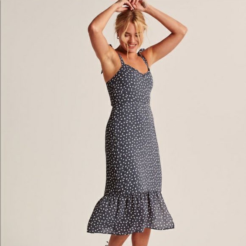 Abercrombie Tie-Shoulder Midi Dress — Blue Dot — XS
